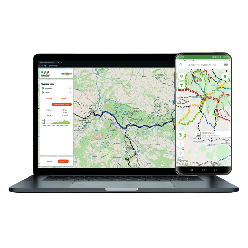 Знімки екрана з мобільного додатку та настільного комп'ютера, що показують мережу стежок на карті